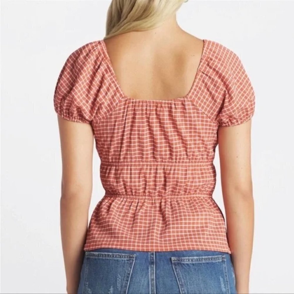 Madewell Omaha Tiered Top Women's Size S Orange Gingham Square Neck - Picture 2 of 9